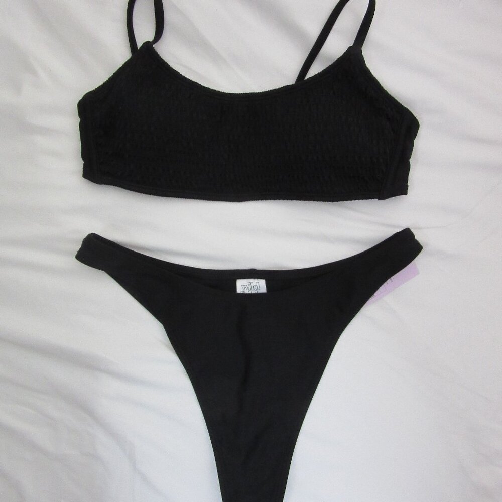 wild fable 2 Piece Bikini Black Smocked Ultra Cheeky Size Small NWT